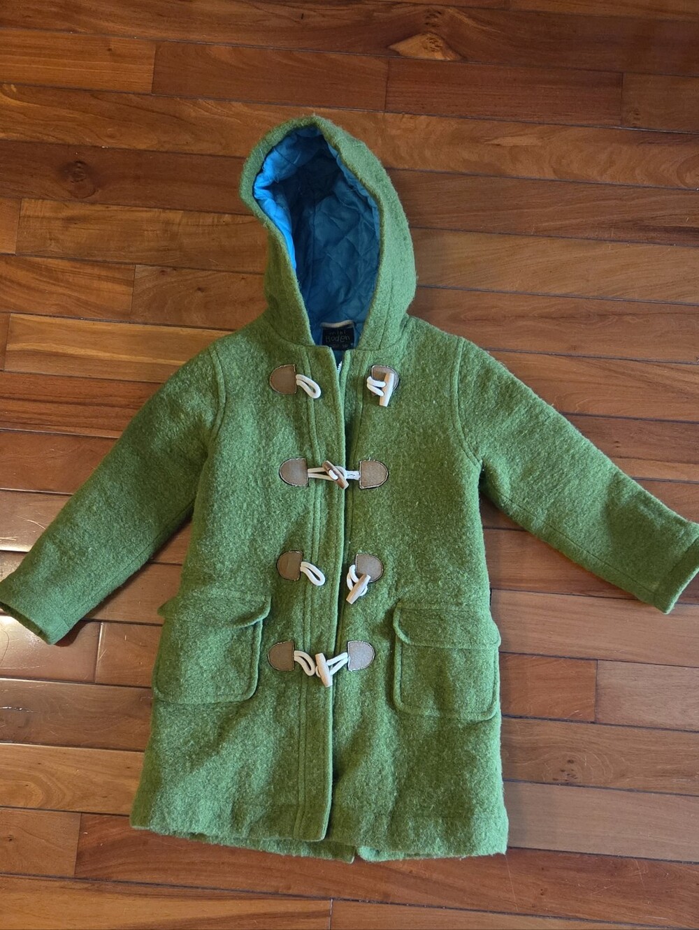 Mini Boden Green Wool Hooded Toggle Pea Coat